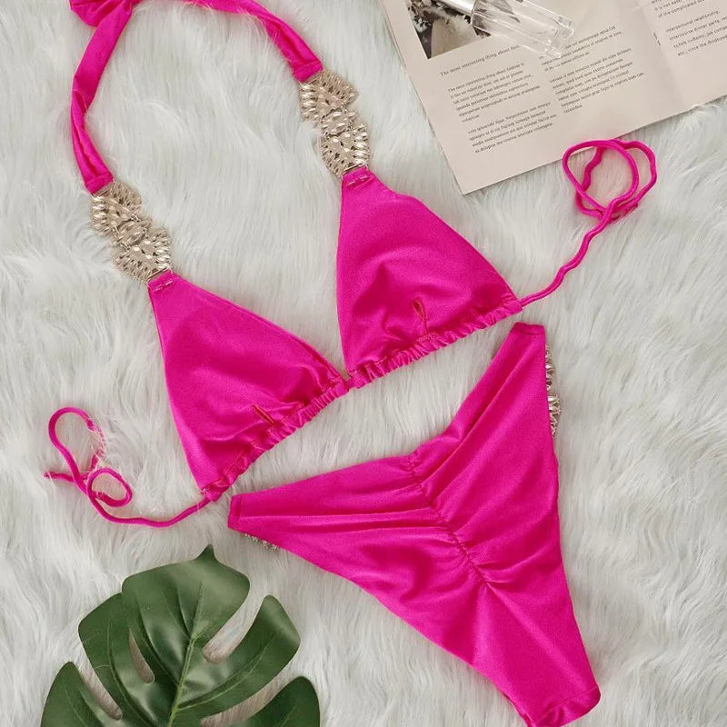 Shiny Sexy Bikinis Swimsuit With Rhinestones Women Swimwear Female Push Up Bikini Beach Swim Wear Bathing Suits Pool Bather 2025