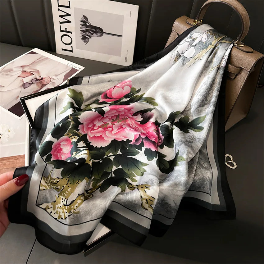 Imitated Silk Headcloth Fashion Flower Print Square Shawls Popular 70X70cm Bandanna Kerchief Sun Protection Silk Scarves Tie Bag
