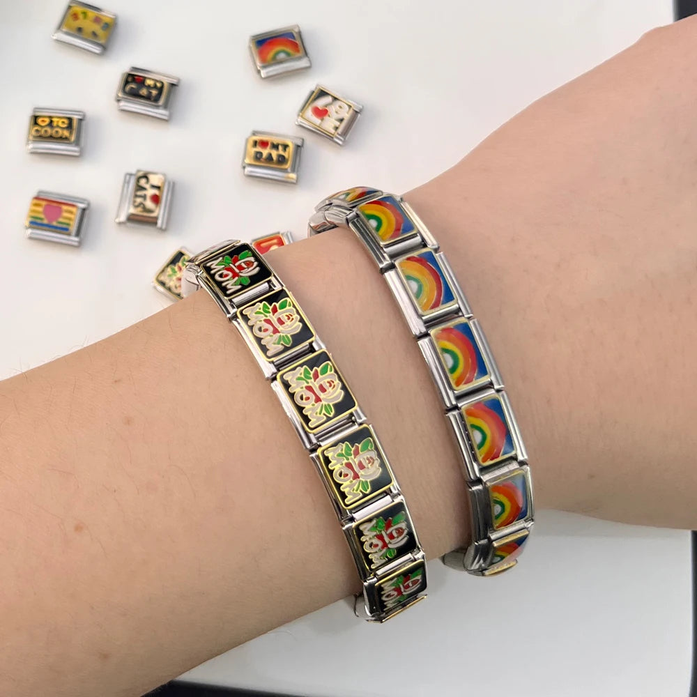 Rainbow Love Smile Italian Charm Bracelet Stainless Steel Elastic Hand Chain Link Making DIY Jewelry Gifts For Women Men Bangle