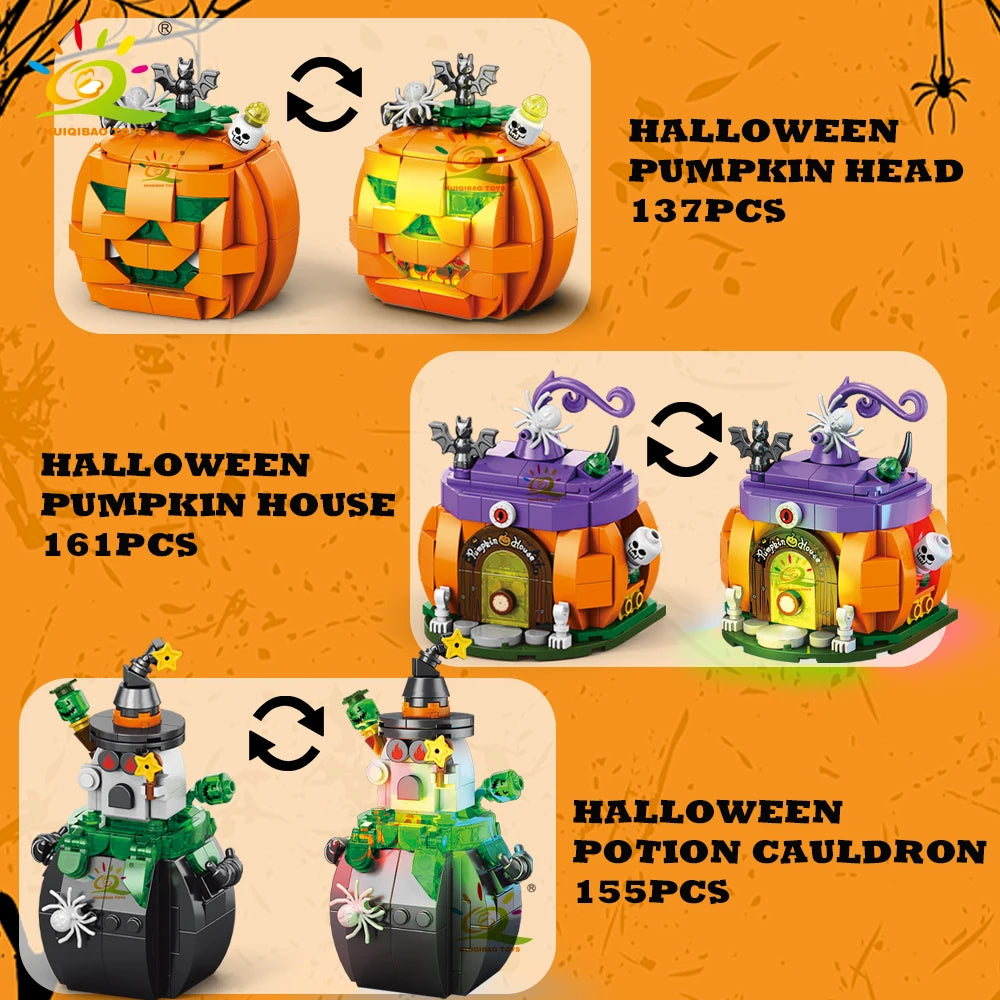 HUIQIBAO Halloween Wizard Cat Dog Ghosts Pumpkin Houses Model Building Block DIY Haunted House Bat Bricks Toys for Adult Gift