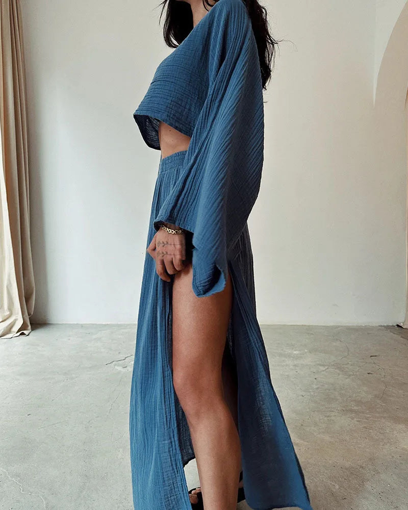 2 Pcs/Set Women Crop Top Skirt Sets Long Sleeve Top High Waist Split Skirts Suit Beach Bikini Coverup Lady Elegant Party Outfit
