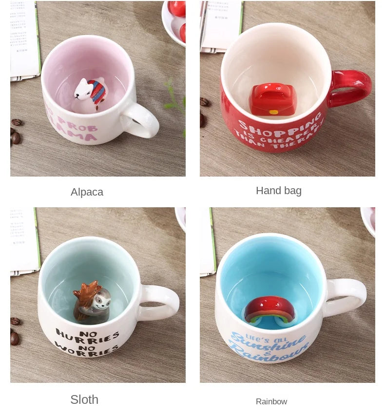 Cute Cartoon Coffee Figurine Mugs with Animal Inside, Ceramic 3D, Uincorn, Love Novelty Cup, Christmas Gift for Friends, Kids