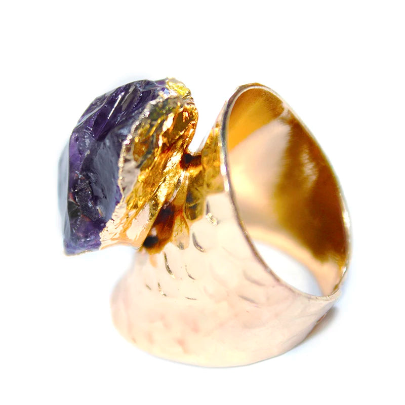 Irregular Genuine Stone Adjustable Ring for Women Golden Handmade Rough Amethyst Finger Jewelry