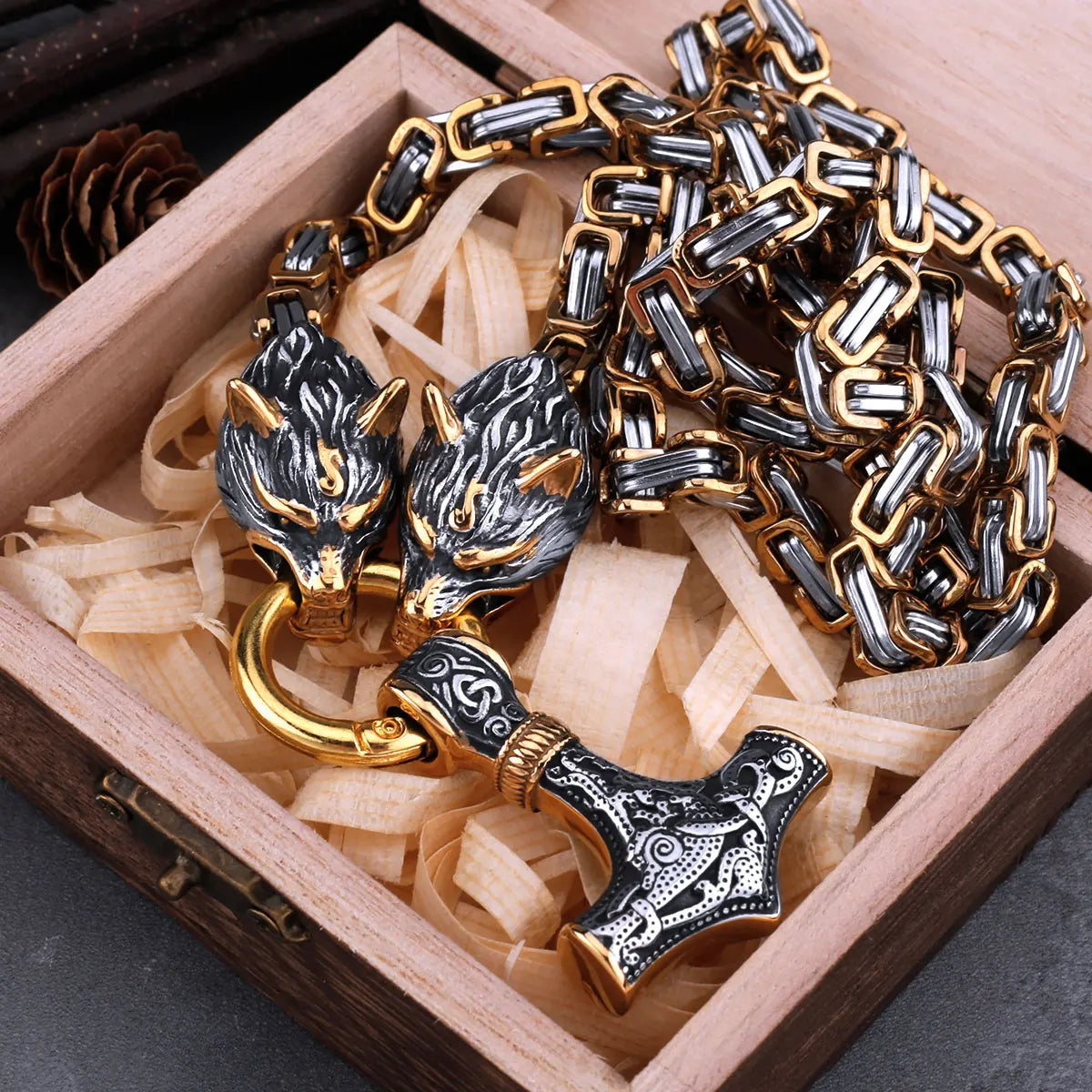 High Quality Viking Wolf Head Thor's Hammer Set Necklace Pendant Stainless Steel Biker Party Personality Men's Jewelry Gift