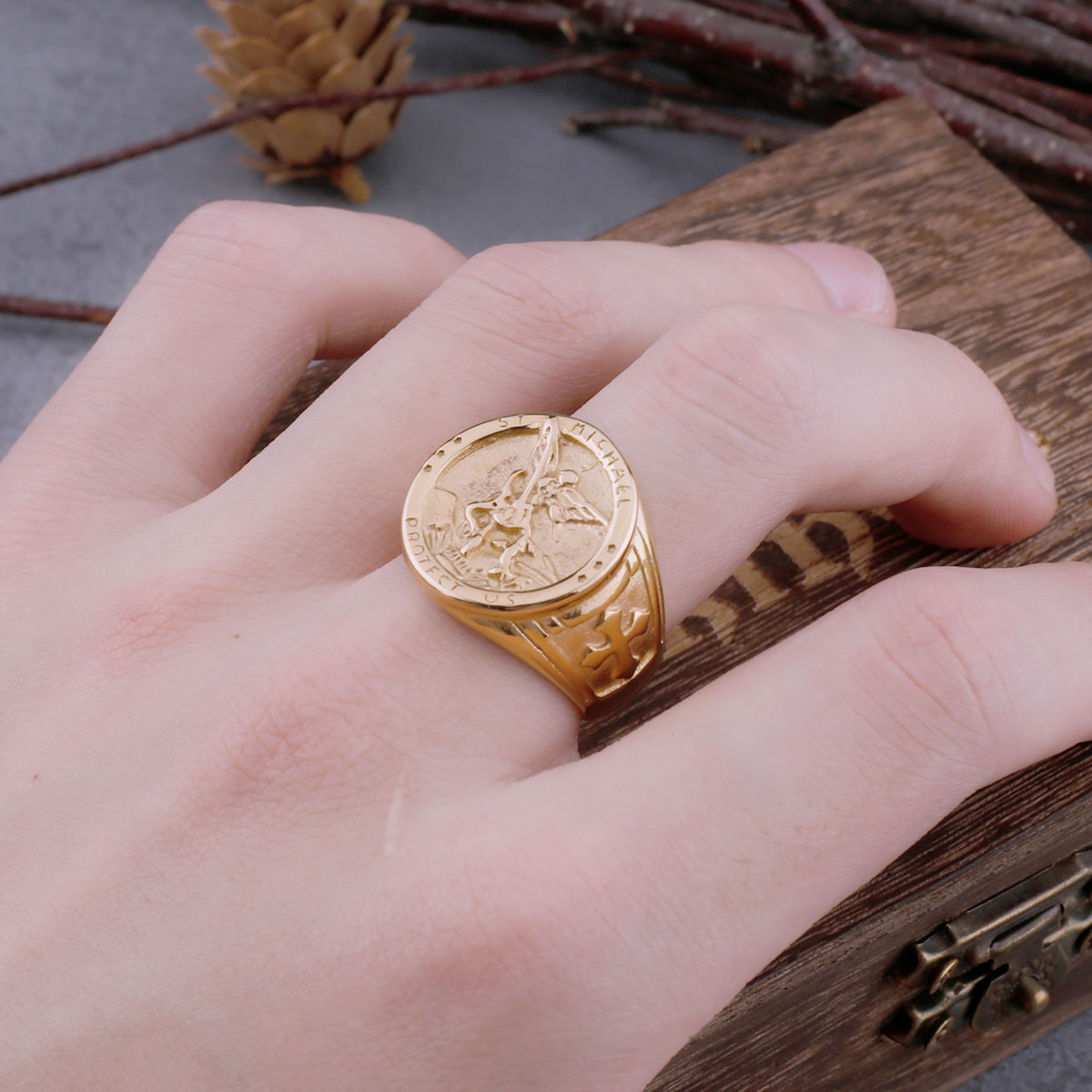 Never Fade Archangel Saint Michael Exorcism Ring Men's Punk Hip Hop Amulet Ring Stainless Steel Jewelry Party Gift Wooden Box