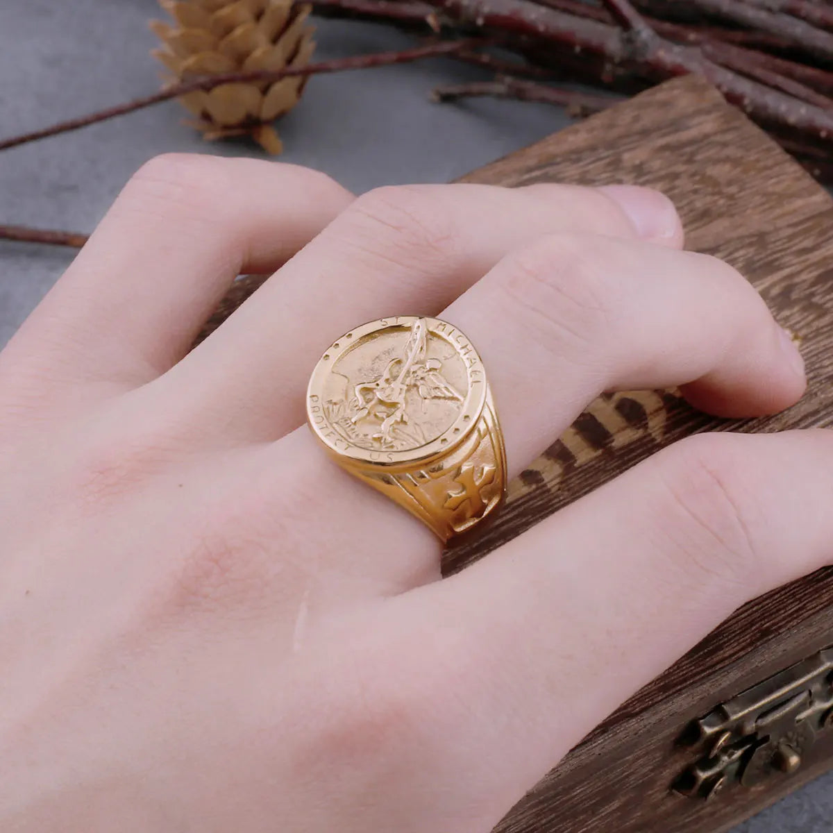 Never Fade Archangel Saint Michael Exorcism Ring Men's Punk Hip Hop Amulet Ring Stainless Steel Jewelry Party Gift Wooden Box