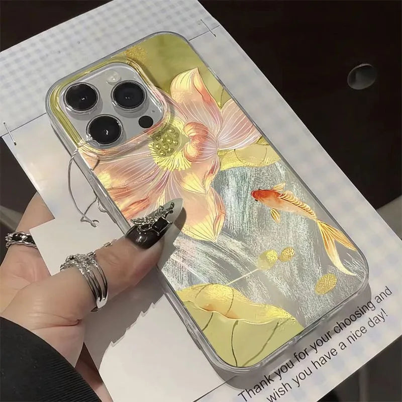 Colorful Golden Lotus Koi Phone Case For iPhone 17 Air 14 13 12 11 17 16 15 Pro Max 7 8 Plus SE2 Fashionable Shockproof Cover