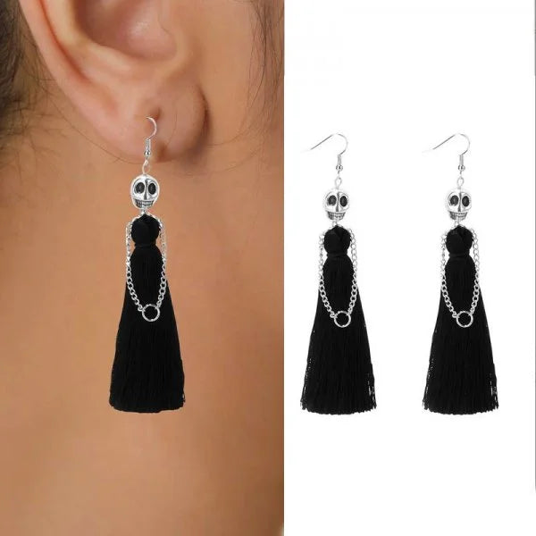 Halloween Skeleton Bride Skull Tassel Ear Dangle Earrings for Women Gothic Skull Drop Earrings Festival Party Jewelry Gift