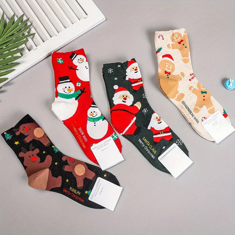 (1/4 Pair) Red Snowman Christmas Socks Gingerbread Man Christmas Mid Socks Christmas Gift Socks Autumn and Winter Warmth