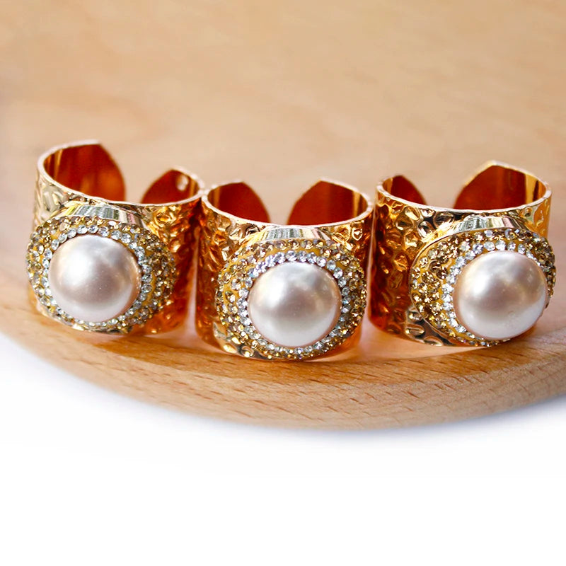Micro Inlay Full Rhinestone Gold Plated Pearl Bride Engagement Wedding Open Ring Resizable