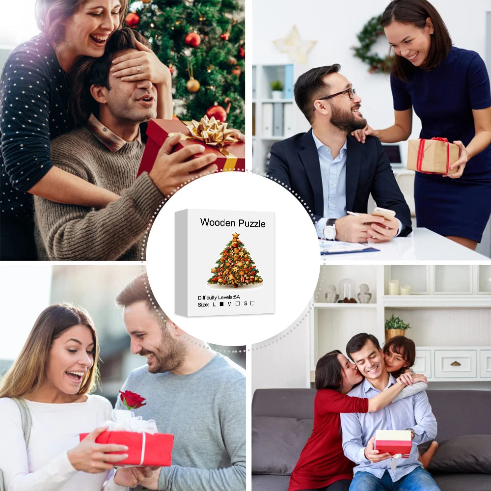 Christmas Tree Wooden Puzzle for Adults, Animal Shaped Pieces Puzzles Toys with Beautiful Package, Christmas Gift Home Decor