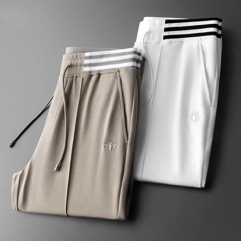 High end fashionable embroidered striped casual men's pants for the summer of 2024 new waffle ice silk comfortable sports pants