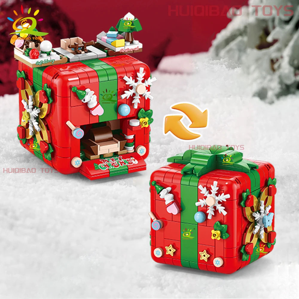 HUIQIBAO Christmas Gift Surprise Mechanism Box Model Building Block DIY Elk Snowman Bricks Ornament Toys for Children Adult