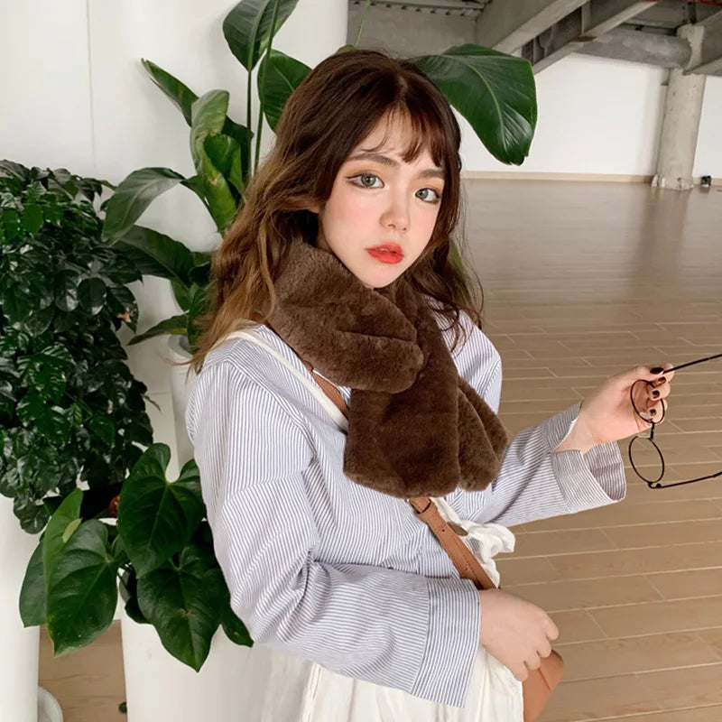 FAITOLAGI Korean Winter Faux Rabbit Fur Women Scarf Soft Plush Snood Scarves Solid Color Neck Collar Warmer Stuff Christmas Gift