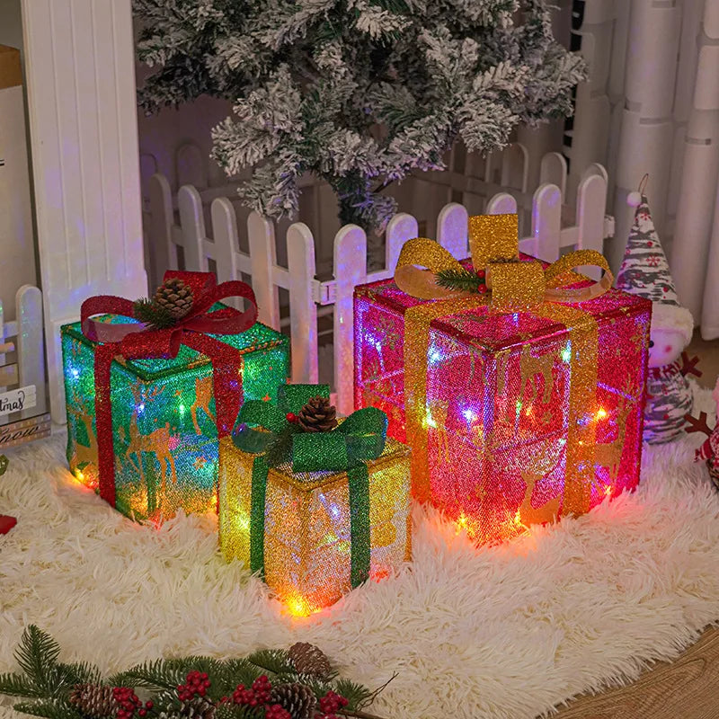 2025 Christmas Gift Box with LED Light String Warm Light Colored Light 3pcs Gift Box Christmas DIY Props Decoration Gift Boxs