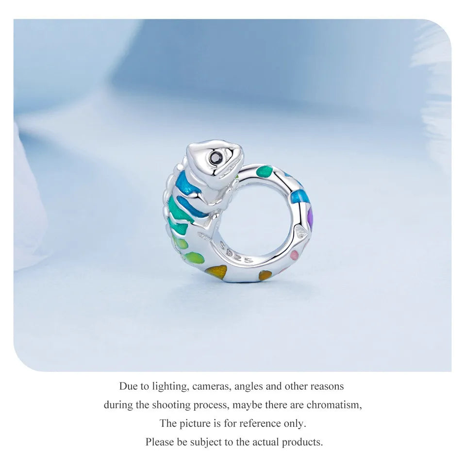 WOSTU Real 925 Sterling Silver Rainbow Color Chameleon Charms Animal Bead Fit Original Bracelet DIY Necklace Jewelry Making Gift