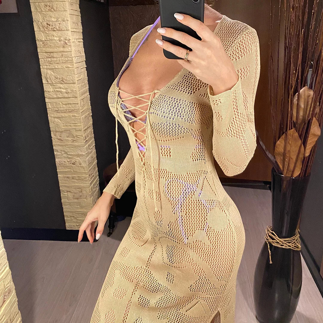 Deep V Dress Lace Up Long Sleeve Women Split Maxi Dress Crochet Knitted Tunic Mesh Sheer Sexy Bodycon Long Dress Vestido V4146B