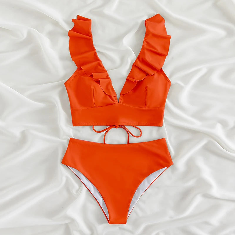Riseado High Waist Bikinis Set Ruffle Shoulder Sexy Plunging Swimwear Women Bathing Suit Summer Beachwear