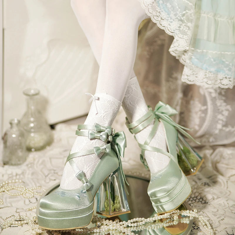 Original Lolita High Heels Elegant Ladies Camellia Embroidery Sweet Bow Satin Mary Jane Shoes Cos Shoes Women's Chunky Heels