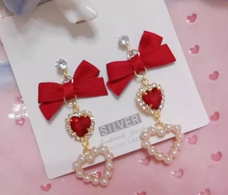 Japanese Style Lolita Sweet Bownot Rhinestone Pearl Heart Shaped Drop Earrings 925 Silver Pin Ear Clip Women Girls Earrings