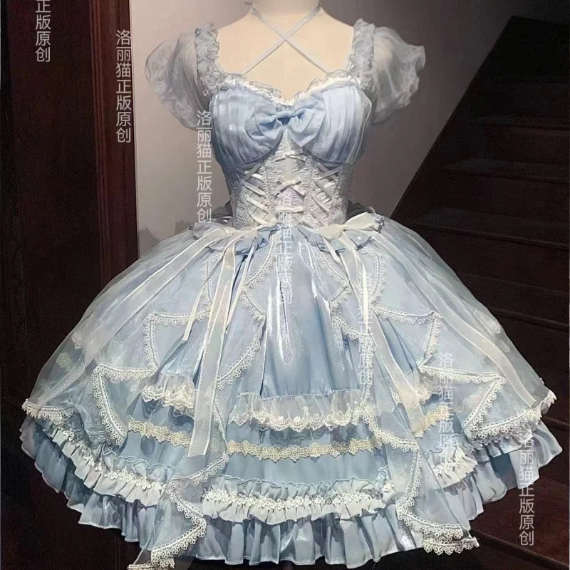 Lolita Sweet Girl Princess Dress Spring and Summer Off Shoulder Women's Short Sleeve Slim OP/JSK Short Ball Gown Dress
