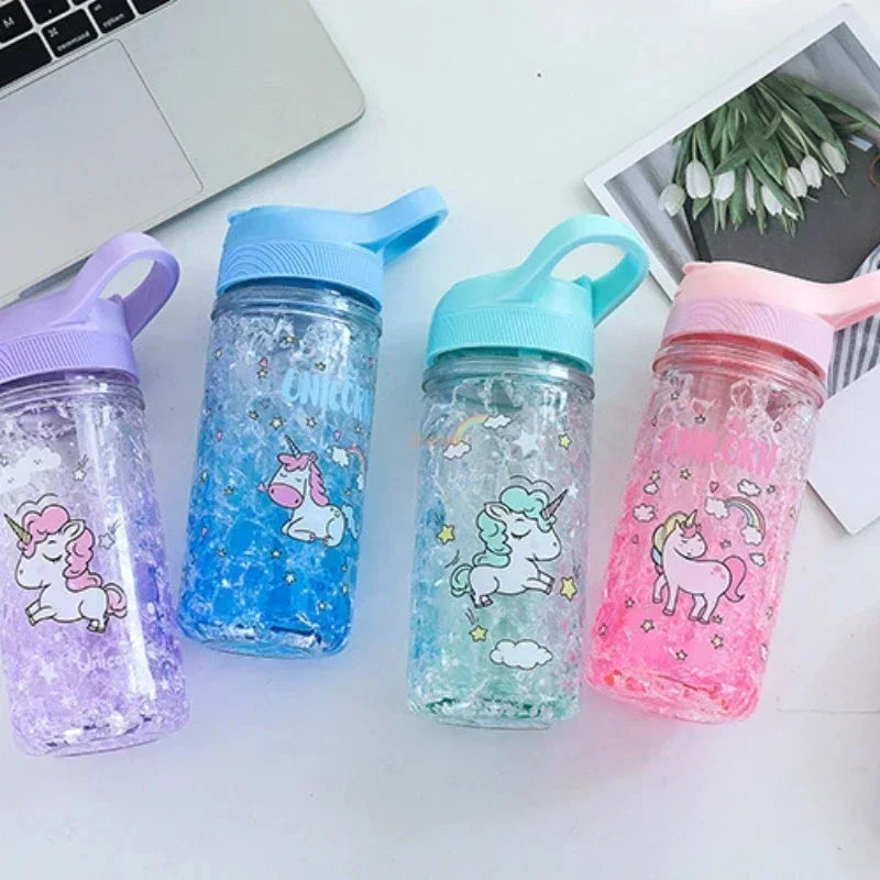 Stylish Double Straw Unicorn Ice Cup Summer Cold Drink Juice Coffee Water bottle Boy's Girl's Portable Plastic Cups Novelty Gift