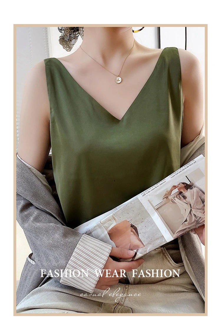 Women's New Four Seasons Inner Wear Silk Suspenders 2022 V-Neck Solid All-Match Satin Vest Soft Loose Thin Lady Sleeveless Tops