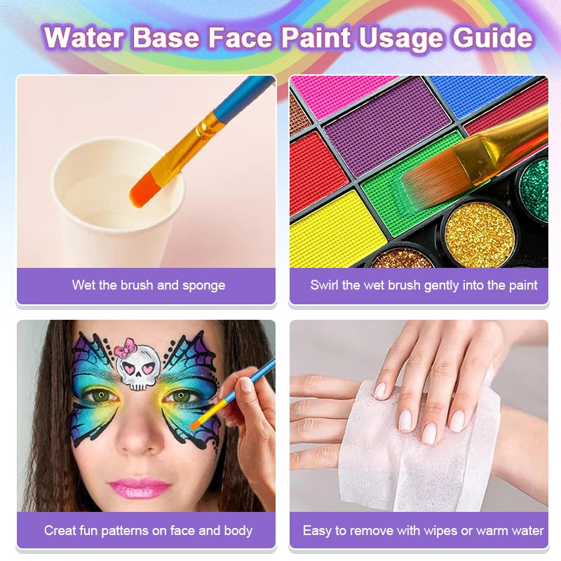 42-Colors Water-Based Face & Body Painting Kit,UV Neon Glitter Fluorescent Paint Makeup,Face Body Paint Art Festivals Halloween