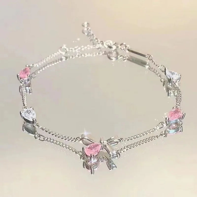 Elegant Crystal Flowers Bracelet For Women Y2K Sweet Girls Moon Cherry Blossom Bow Zircon Bracelets Luxury Designer Jewelry Gift
