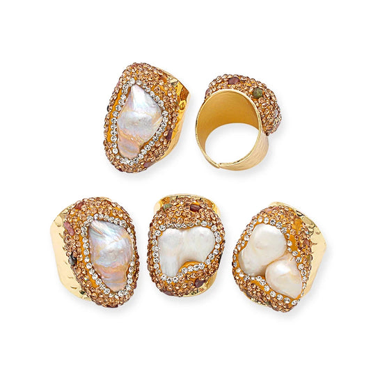 Micro Inlay Baroque Pearl Open Ring for Women Boho Finger Wedding Jewelry with Tourmaline Wholesale