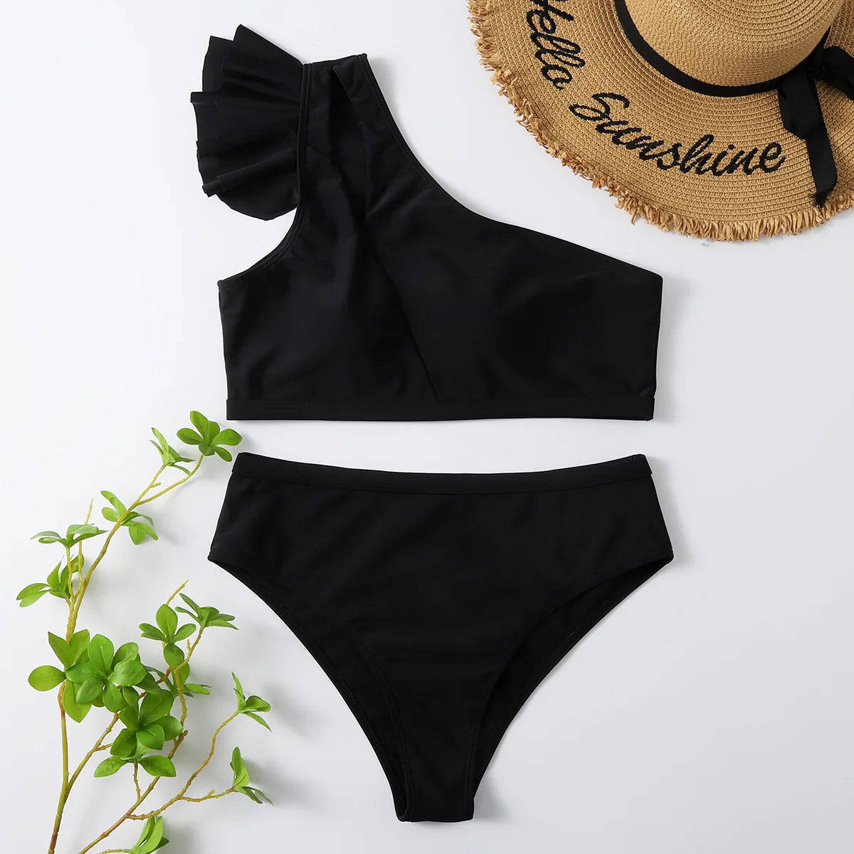 One Shoulder Bikinis 2025 Women Ruffle Swimsuit Solid High Waist Swimwear Female Padded Bathers Bathing Swimming Suit Beachwear