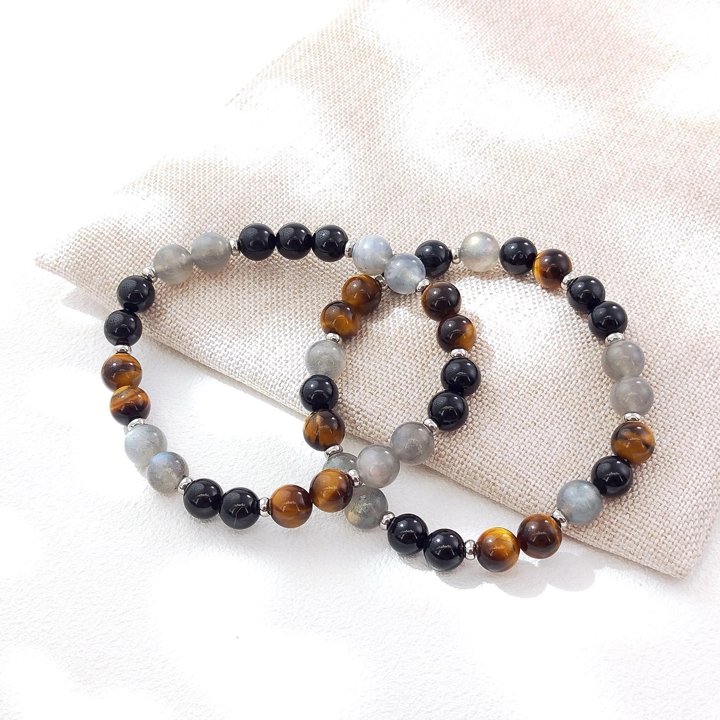 Lii Ji Natural Black Tourmaline Tiger's Eye Labradorite 8mm Elastic Bracelet