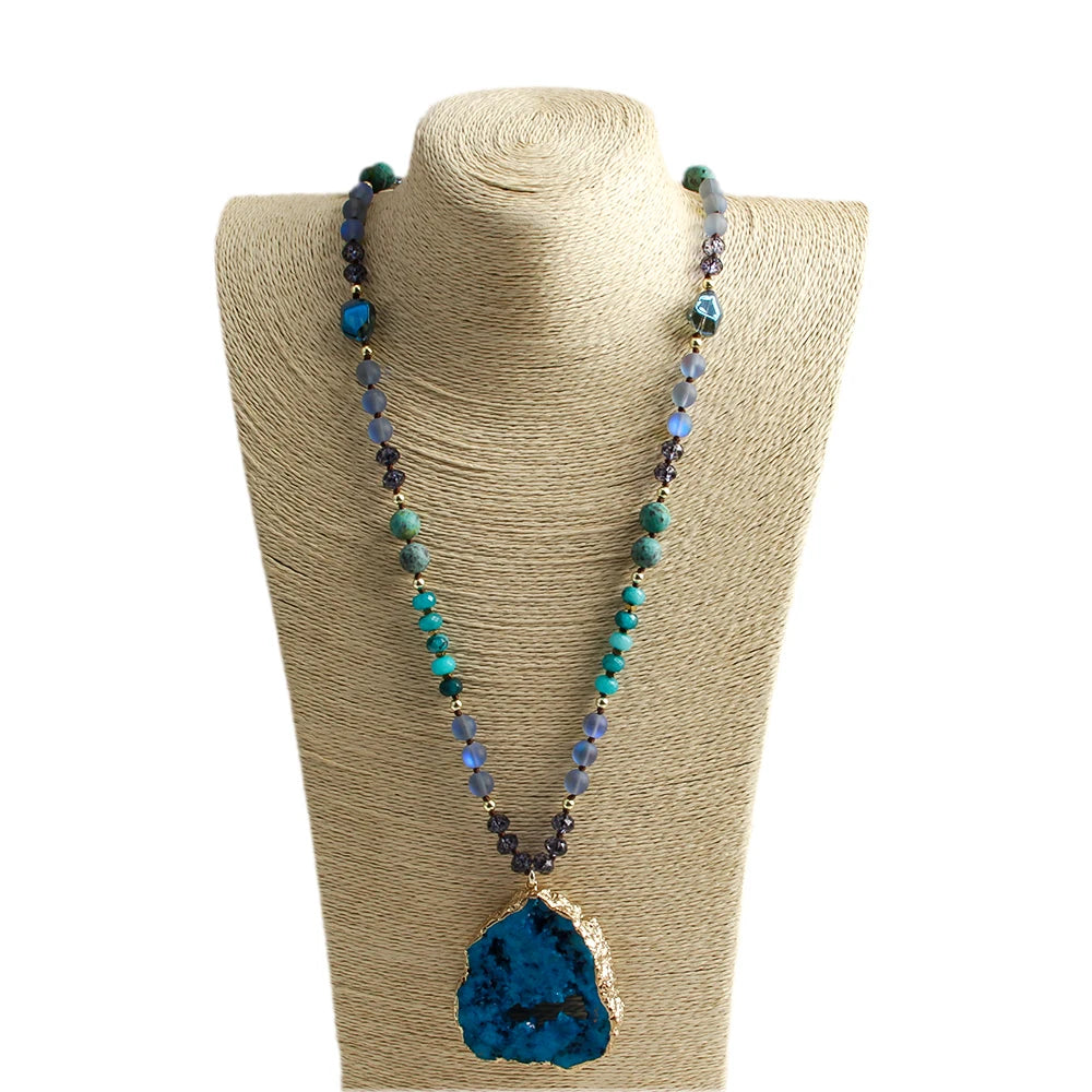 RH 2025 New Fashion Bohemian Style Natural Stone Glass Hematite Knotted Exaggerated Irregular Multicolor Druzy PendantNecklace