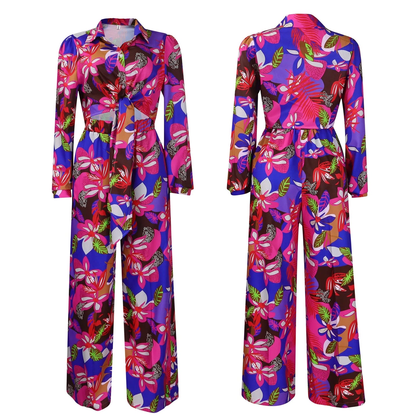 Women 2 Pieces Printed Pants Sets Blouse & Wide Leg Pants Floor Length Fashion High Street Wear Female Two Pieces Matching Sets