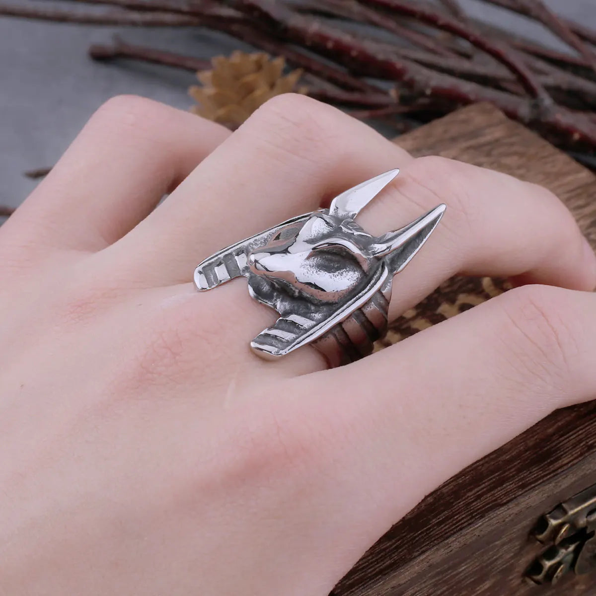 Stainless Steel Vintage Egyptian God Anubis Ring For Men Egyptian Mythology Hip Hop Fashion Biker Ring Animal Jewelry Wooden Box