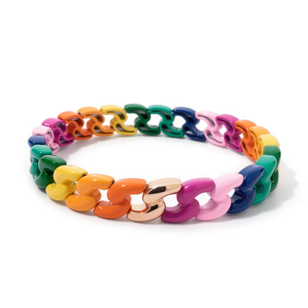 Rainbow Color Link Chain Shape Enamel Bracelets For Women Boho Beaded Bangle Accessory