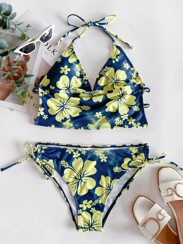 Sexy Yellow Floral Print Bikinis Set Women Halter Push Up Crop Top Swimsuit 2025 Beach Bathing Suit Lace Up High Waist Swimwear