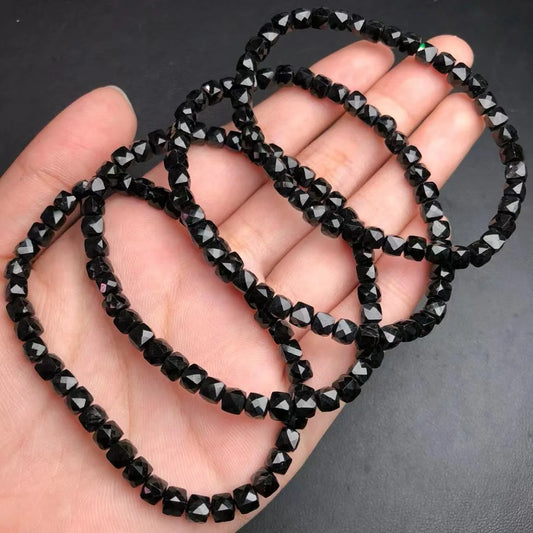 1 Pc Fengbaowu Natural Black Tourmaline Bracelet Faceted Cube Beads Reiki Healing Stone Jewelry Gift Women Men