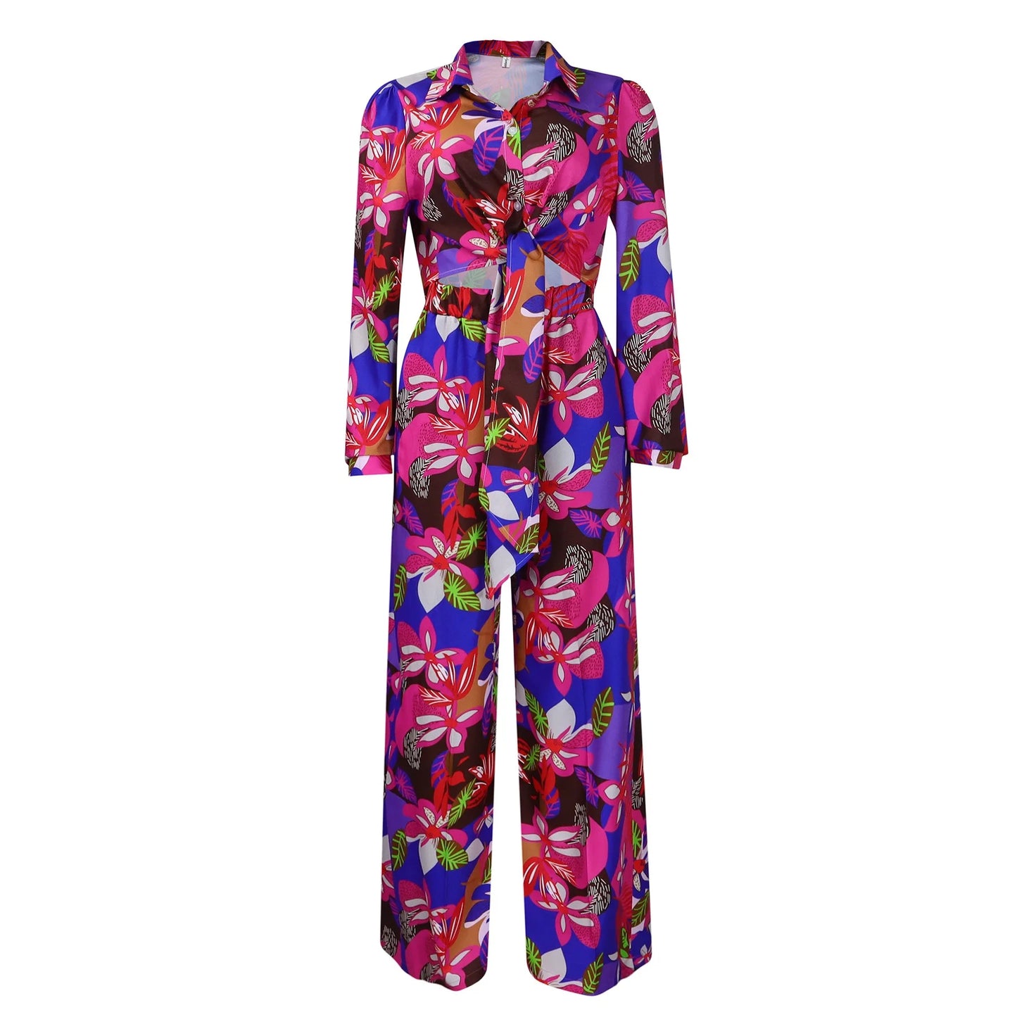 Women 2 Pieces Printed Pants Sets Blouse & Wide Leg Pants Floor Length Fashion High Street Wear Female Two Pieces Matching Sets