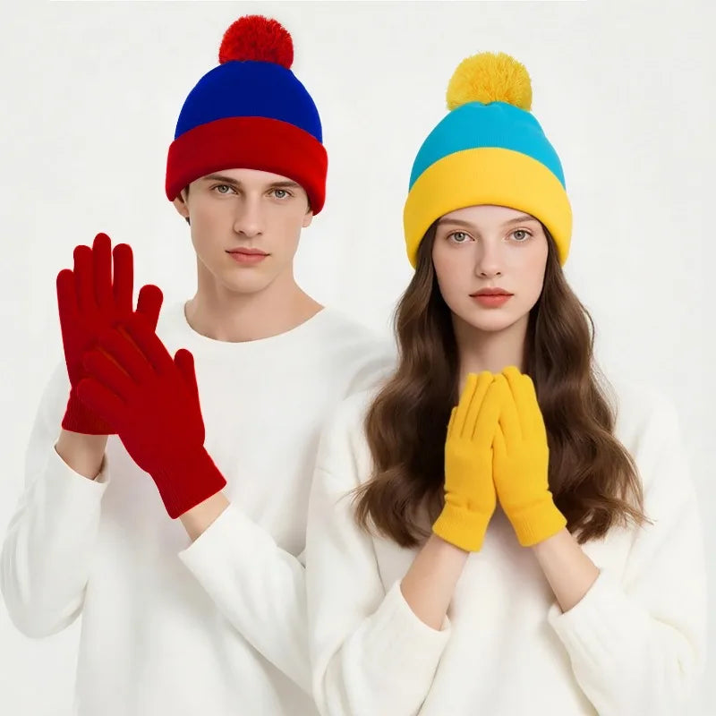 2pc Halloween Cosplay Funny Beanie Hat and Gloves, Character Park Knit Hat Winter Christmas Costume Accessories