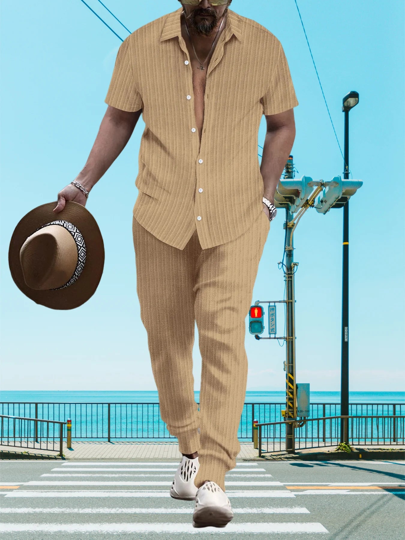 Ultra-thin Ultra-light Summer Men's Shirt Casual Loose Short Sleeve + Trousers Beach Suit Surf Casual Solid Color Lapel Suit