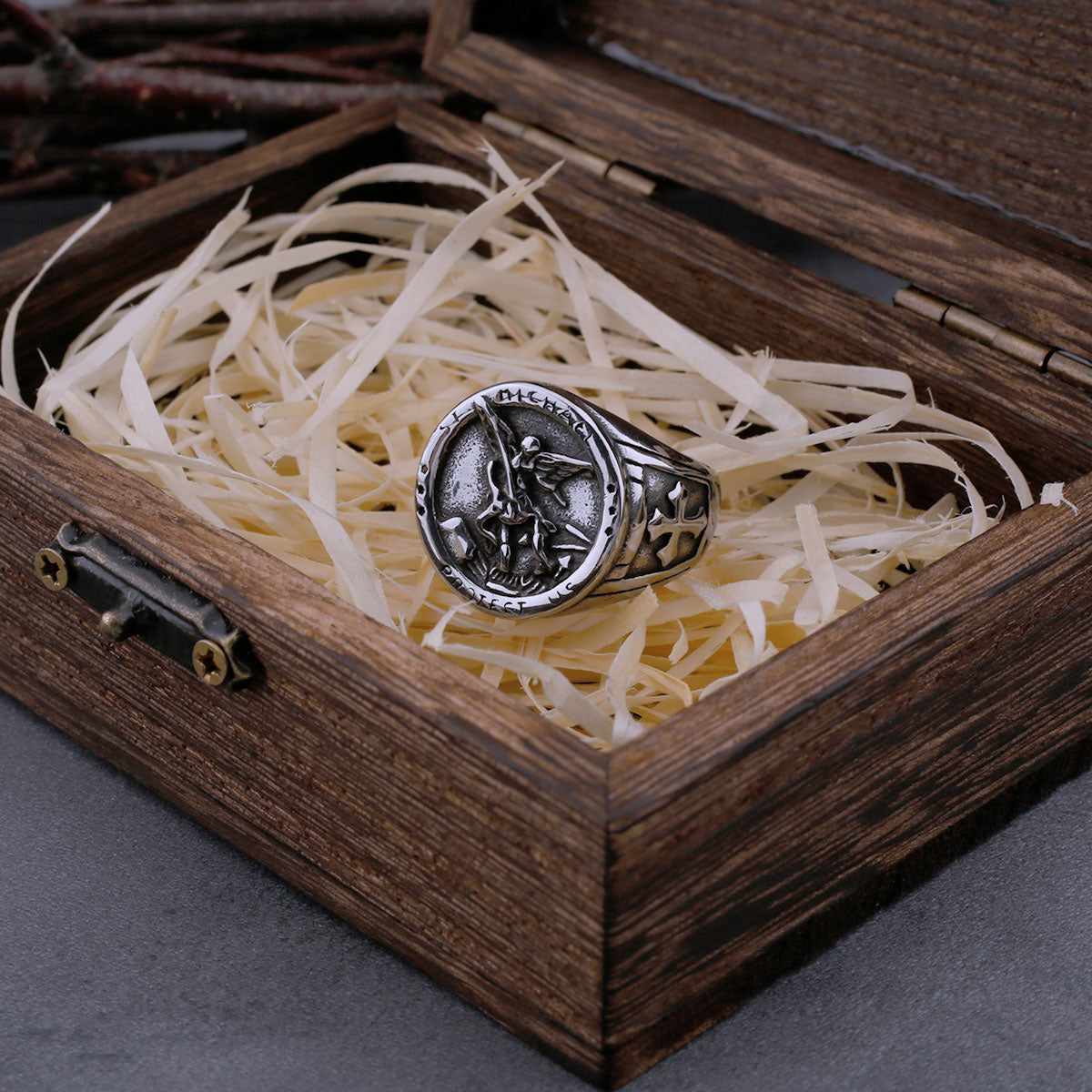 Never Fade Archangel Saint Michael Exorcism Ring Men's Punk Hip Hop Amulet Ring Stainless Steel Jewelry Party Gift Wooden Box