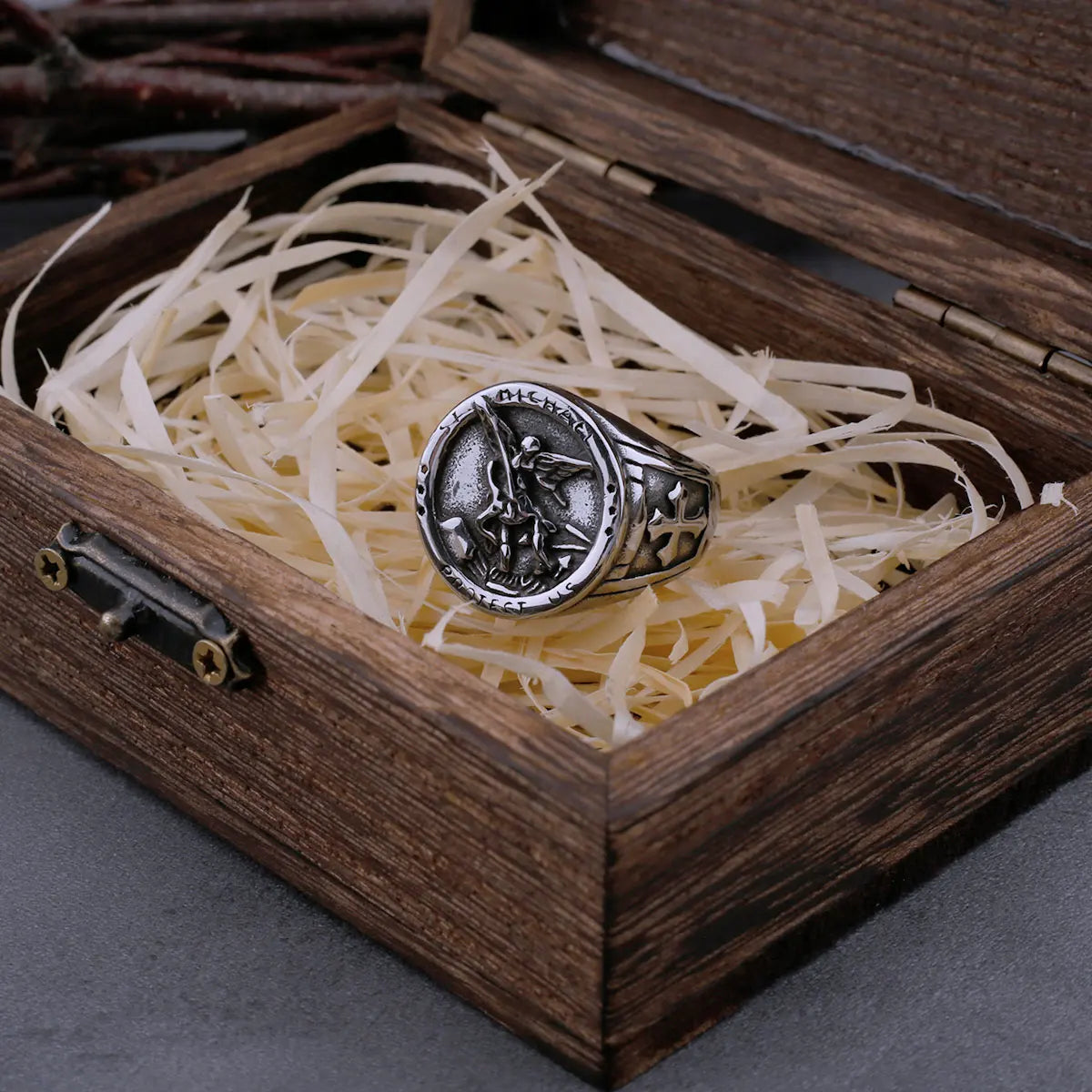 Never Fade Archangel Saint Michael Exorcism Ring Men's Punk Hip Hop Amulet Ring Stainless Steel Jewelry Party Gift Wooden Box