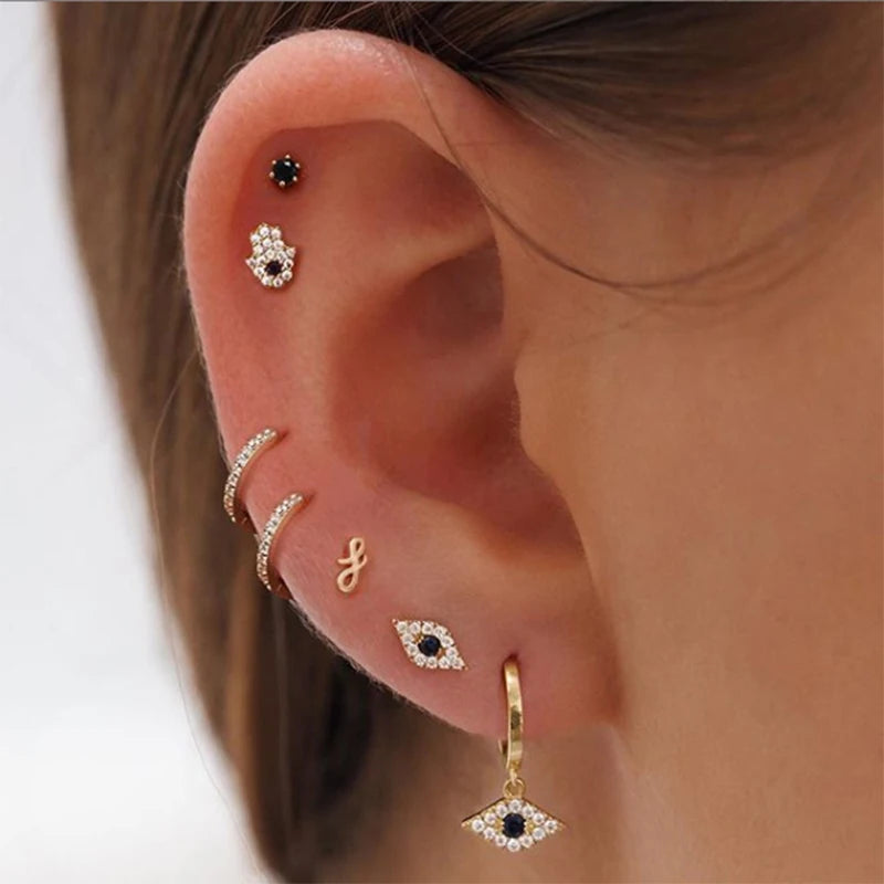 LENNIK 925 Silver Vintage Cute Fatima Hand Small Hoop Earrings For Women Chic Trendy Eye Palm Pendant Mini Stud Earrings Jewelry