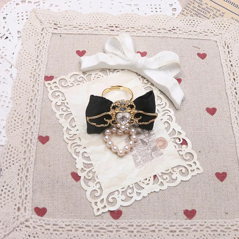 Handmade Rojita Japanese Style Elegant Sweet Cute Rings Rhinestone Ruffled Bow Soft Girl Ring Fashion Rolita Rings for Women