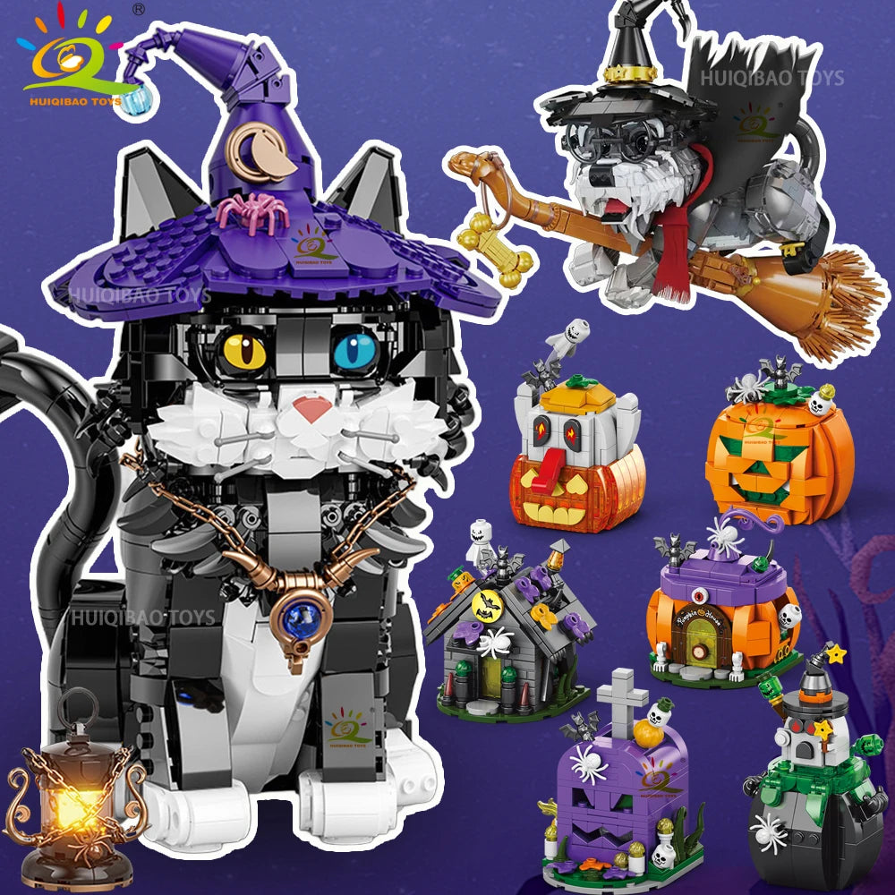 HUIQIBAO Halloween Wizard Cat Dog Ghosts Pumpkin Houses Model Building Block DIY Haunted House Bat Bricks Toys for Adult Gift