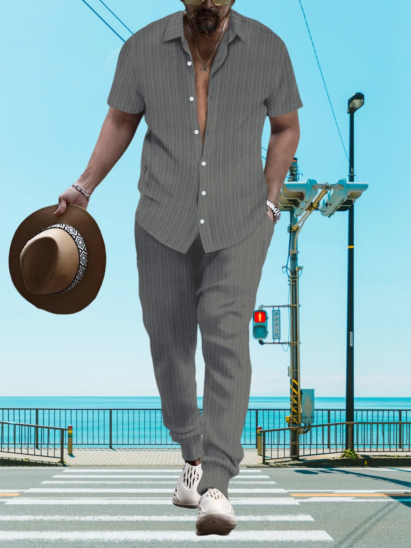 Ultra-thin Ultra-light Summer Men's Shirt Casual Loose Short Sleeve + Trousers Beach Suit Surf Casual Solid Color Lapel Suit