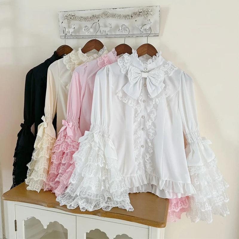 Super Fairy Lolita Dress Set New Spring and Autumn Sweet Girl Women's Flower Lace Bow Shirt Princess Jsk Suspender Dress