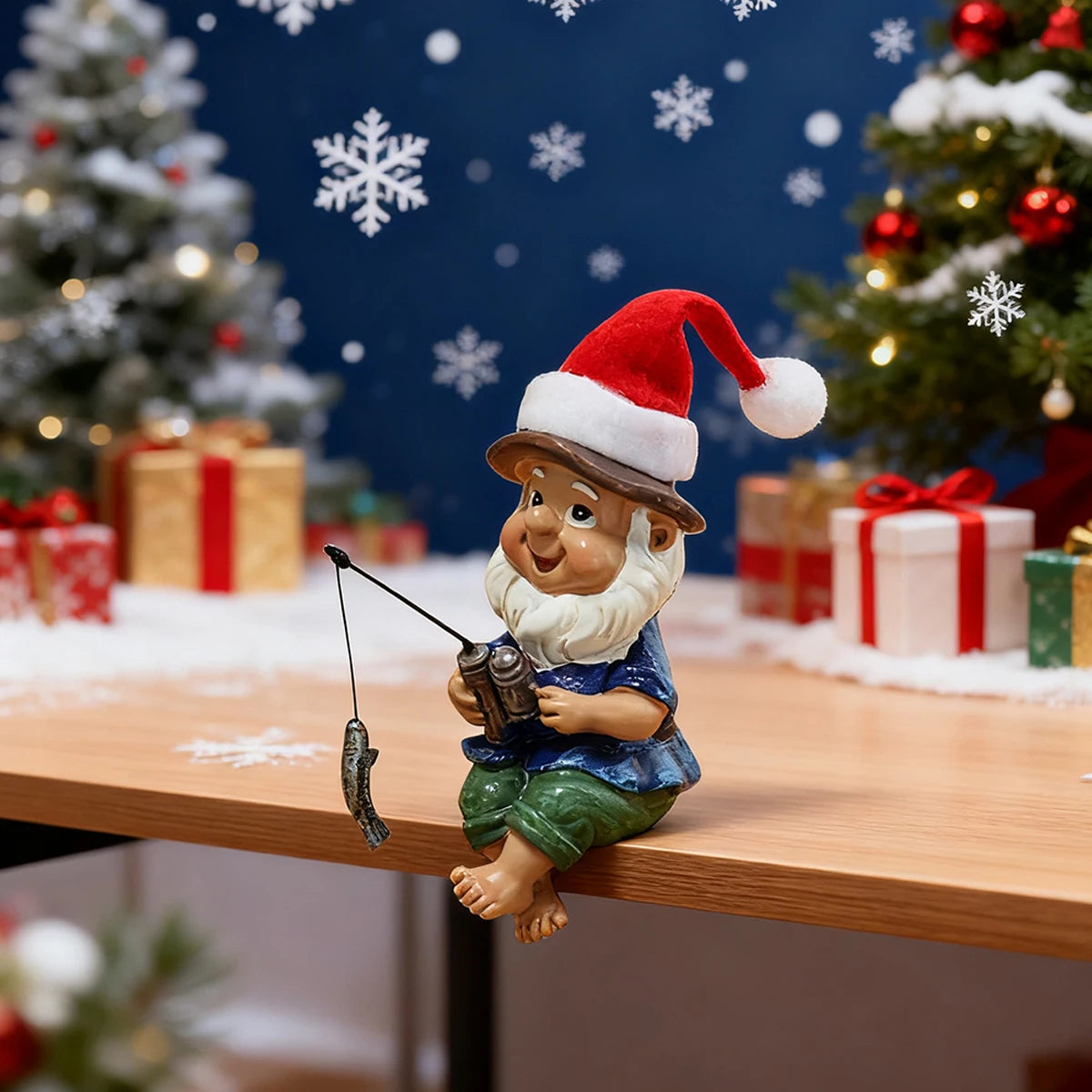 1 Christmas fishing dwarf, creative Christmas home decoration, fun Christmas hat dwarf, Christmas gift, resin crafts