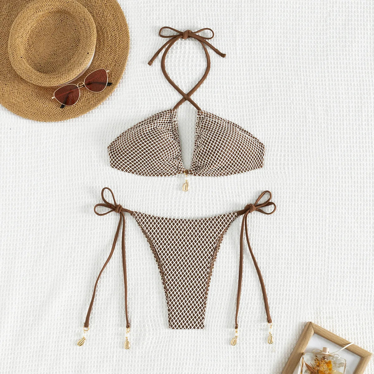 Grid Bikini Set for Women Solid Color 2 Piece Swimsuit Sexy Halter Lace-up Backless Thong Beach Vacation Swimwear 2025 New